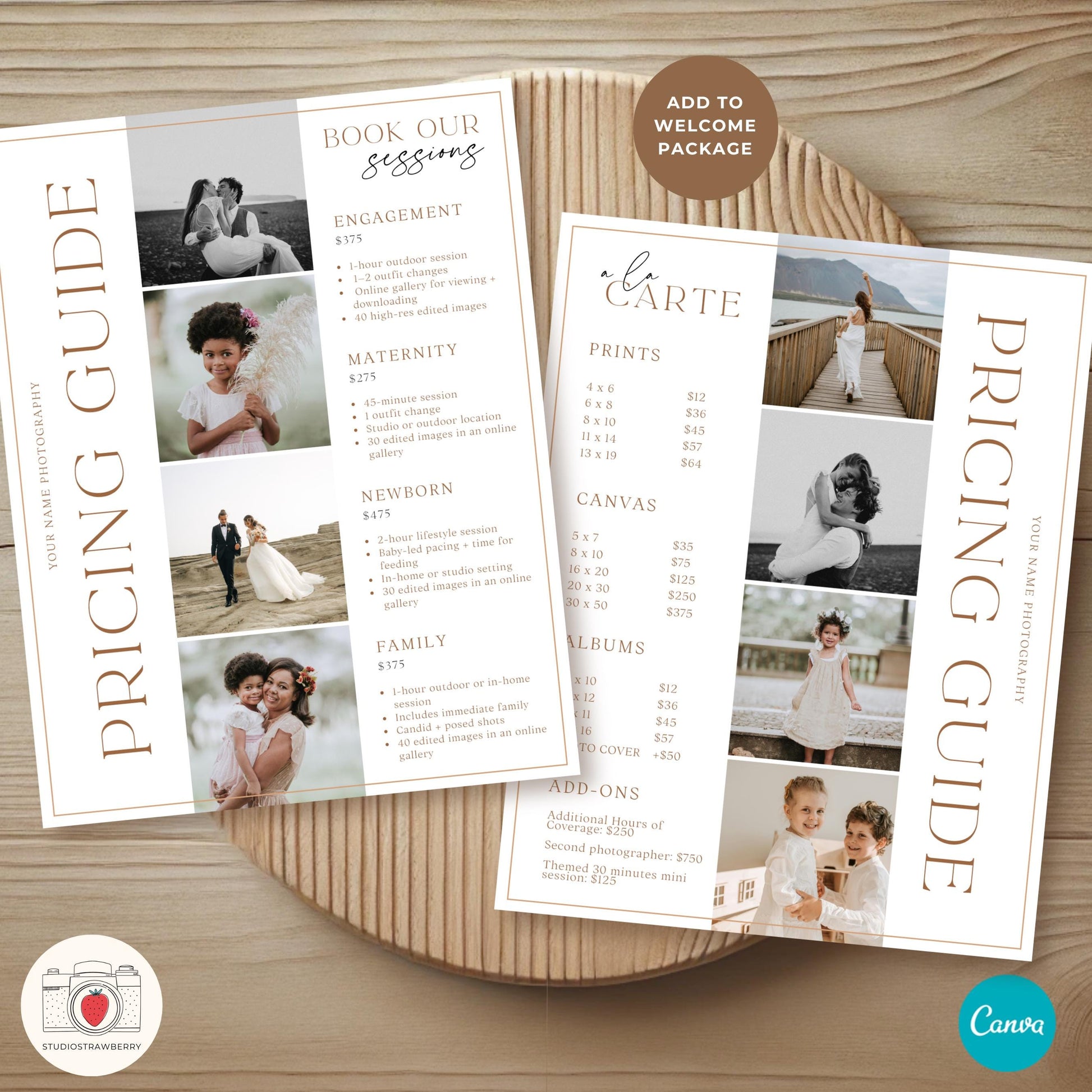 Printable photography pricing sheet template with à la carte add-ons