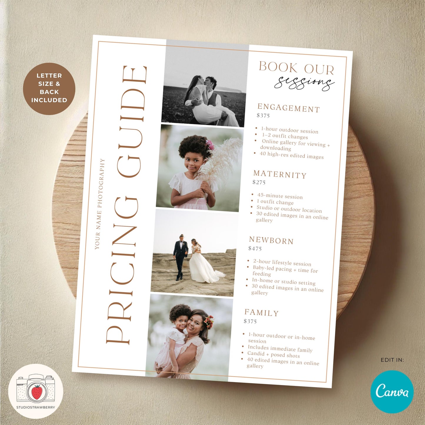 Clean and professional Canva pricing template for photo sessions