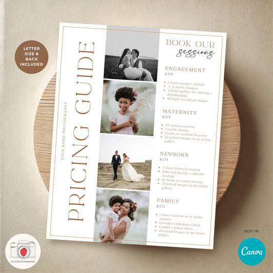 Clean and professional Canva pricing template for photo sessions