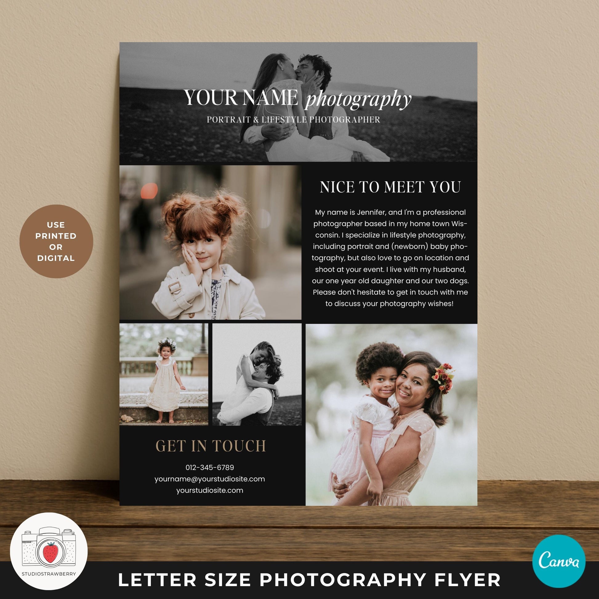 Photographer about me flyer template for lifestyle family sessions