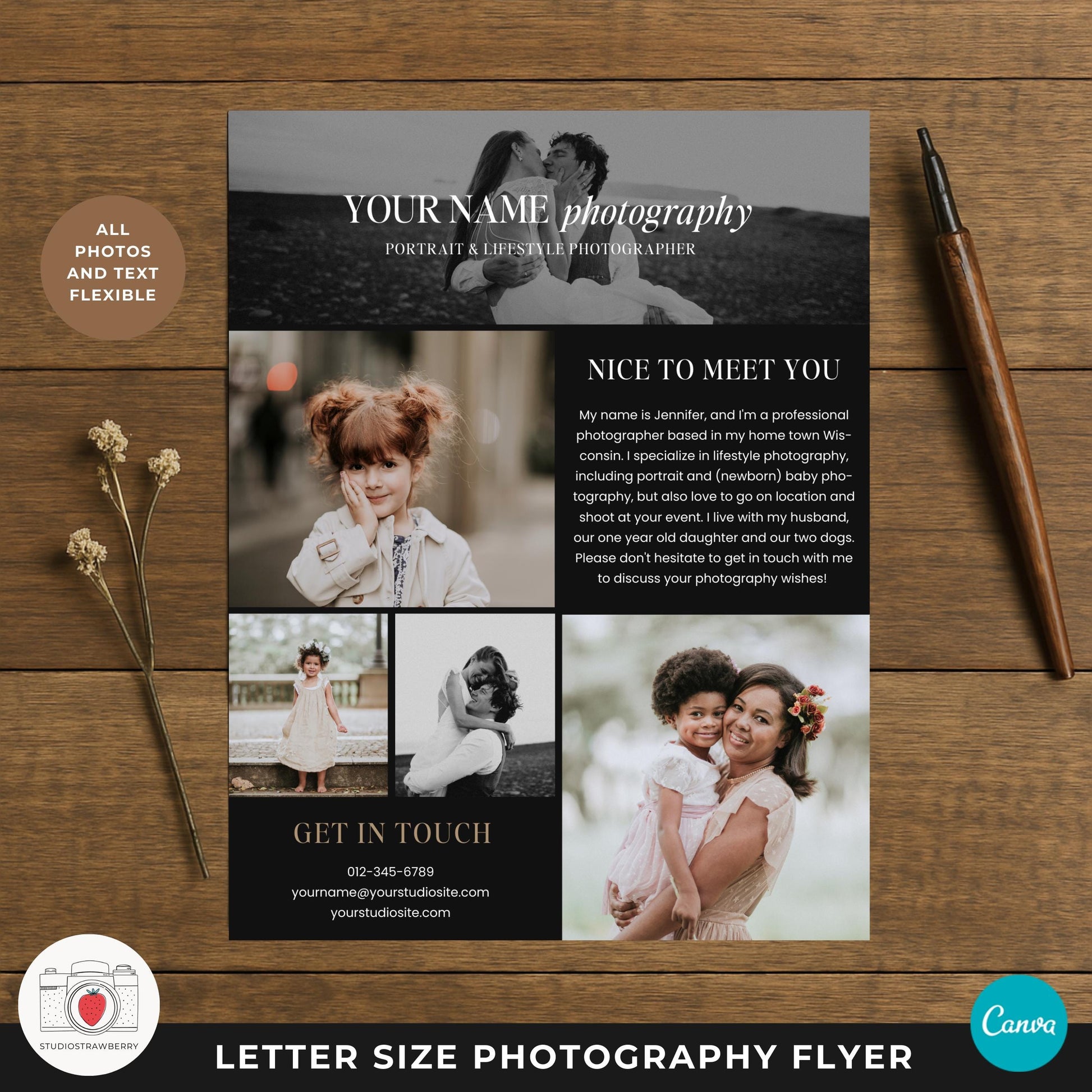 Front and back photography flyer template with professional layout