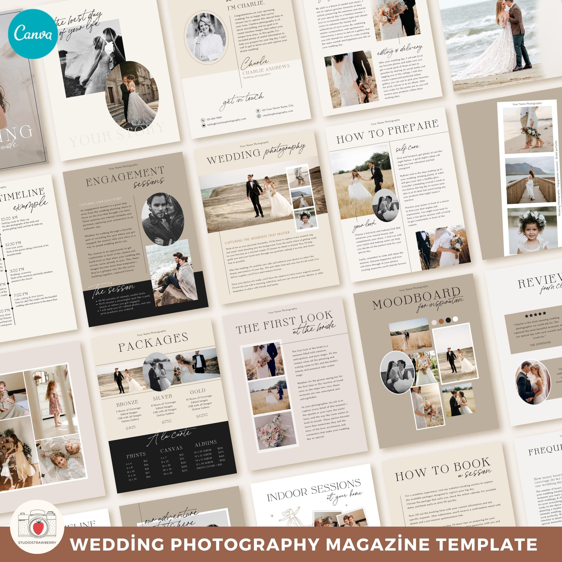 Wedding timeline and package pricing layout for photographers
