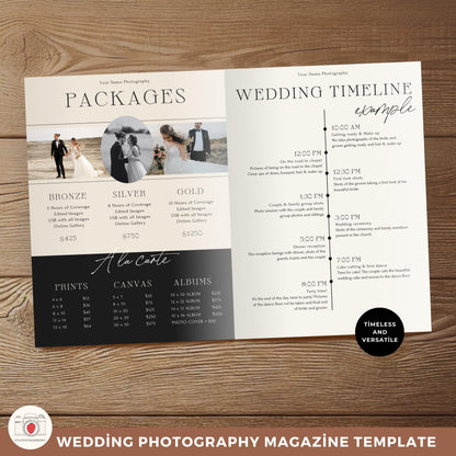 Wedding magazine Canva template on tablet and phone mockup