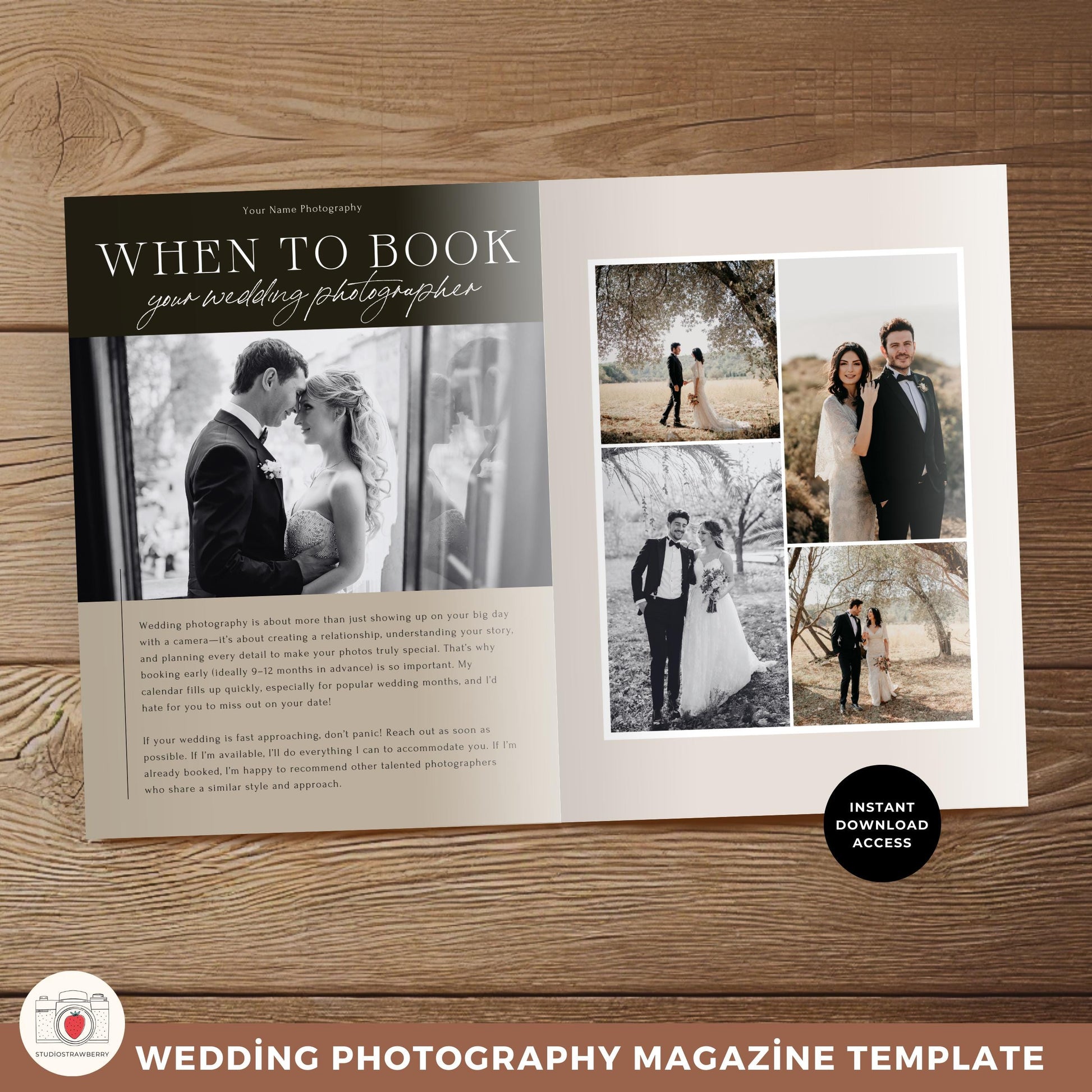 Canva wedding photographer guide showing engagement session info