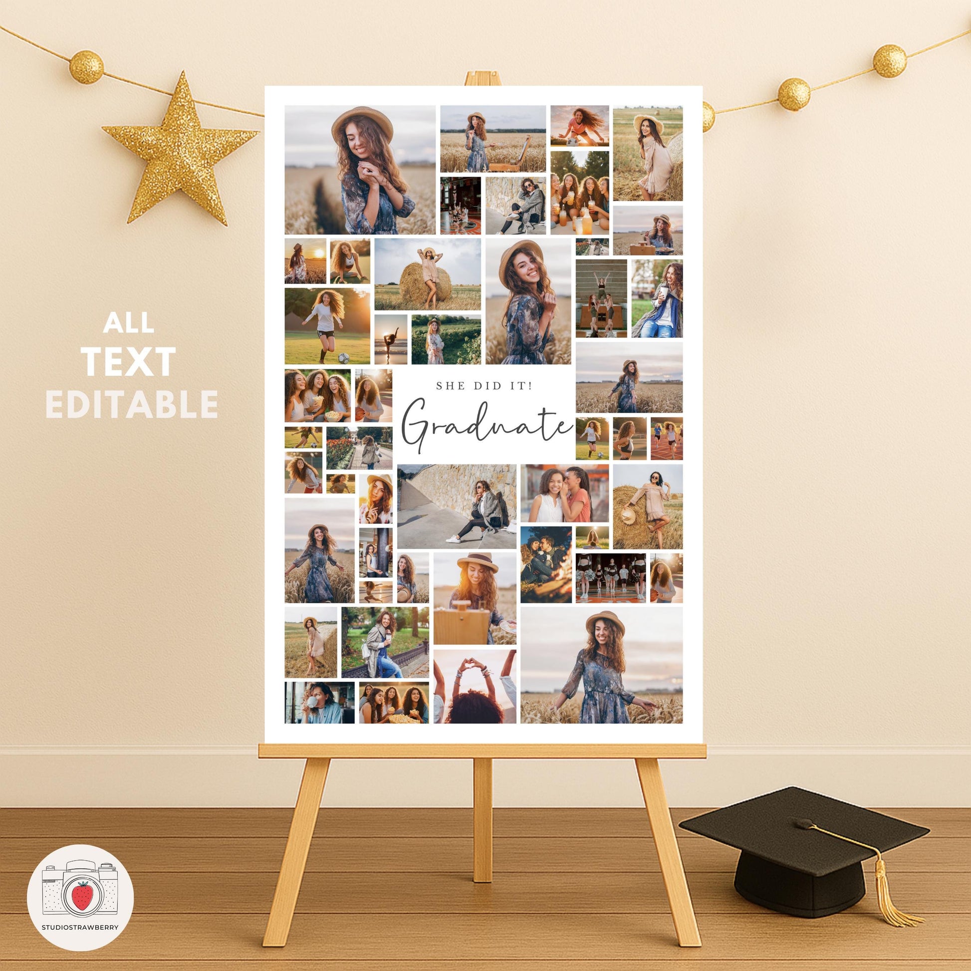 Graduation welcome signage with gold party decor