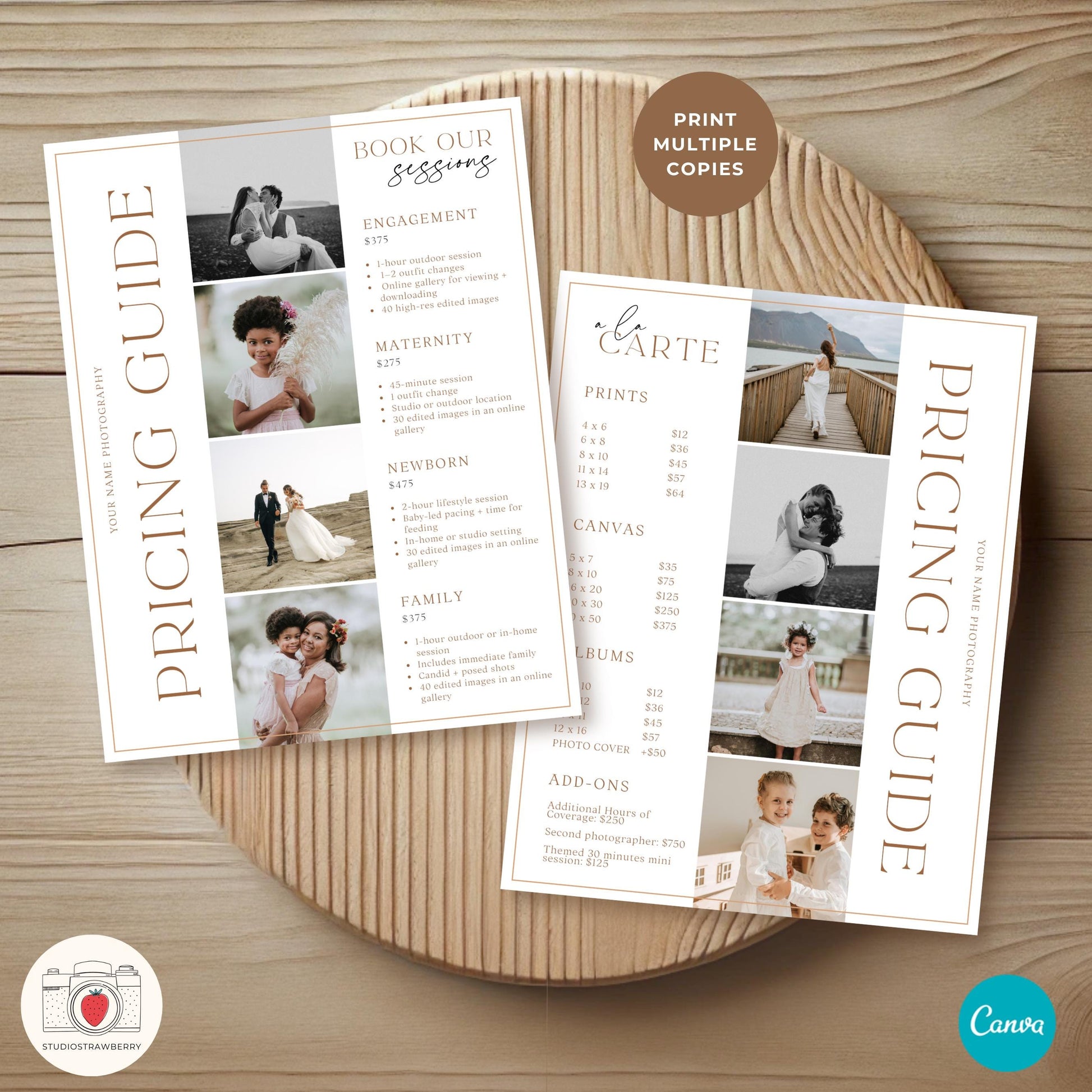 Customizable photographer pricing brochure Canva template