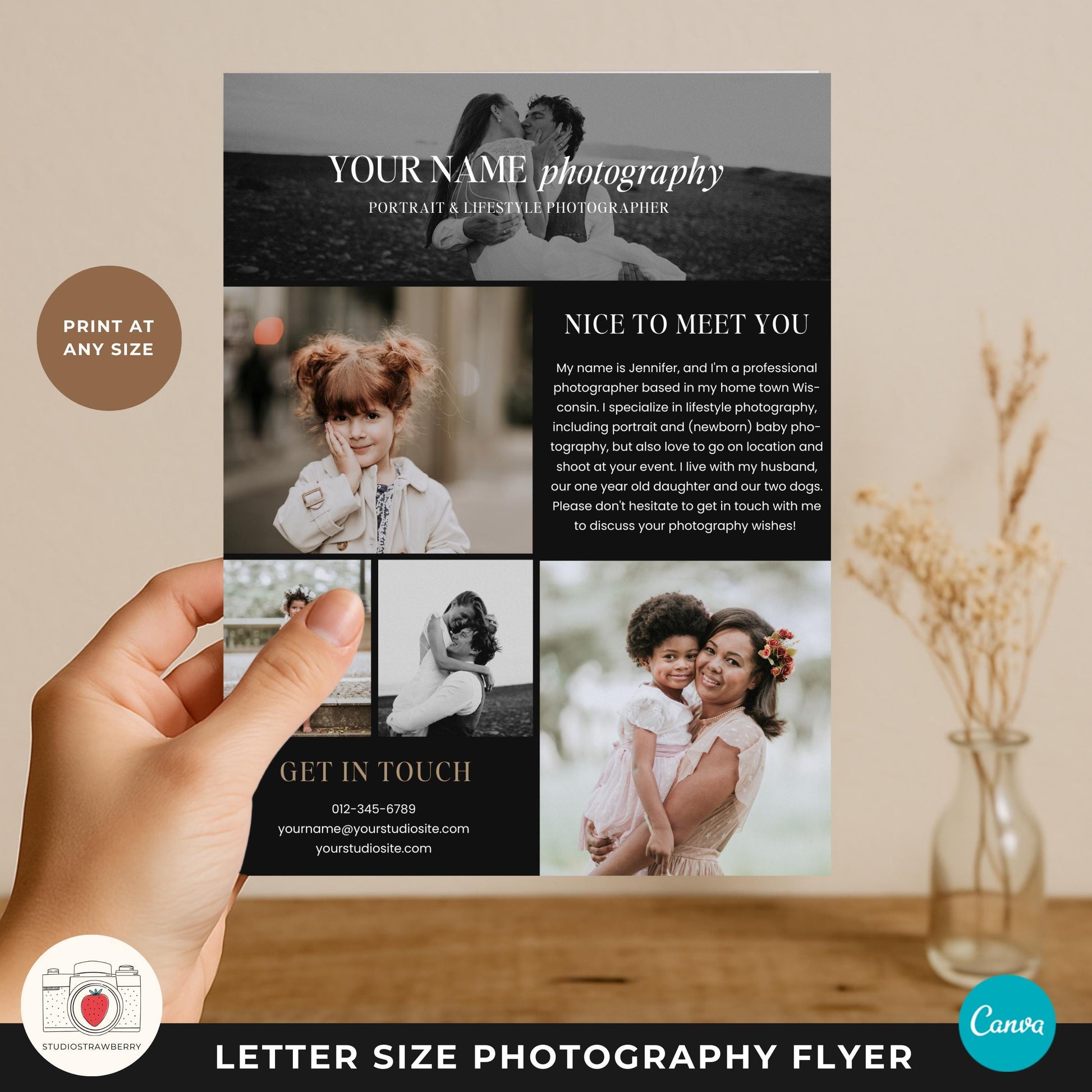Printable photographer marketing flyer template in Canva