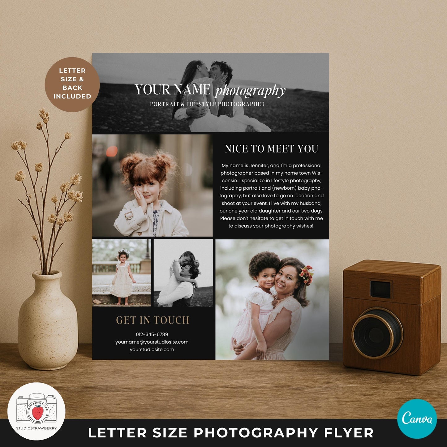 Black Canva photography flyer template for portrait and lifestyle photographers