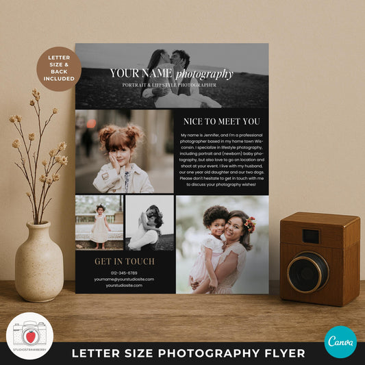 Black Canva photography flyer template for portrait and lifestyle photographers