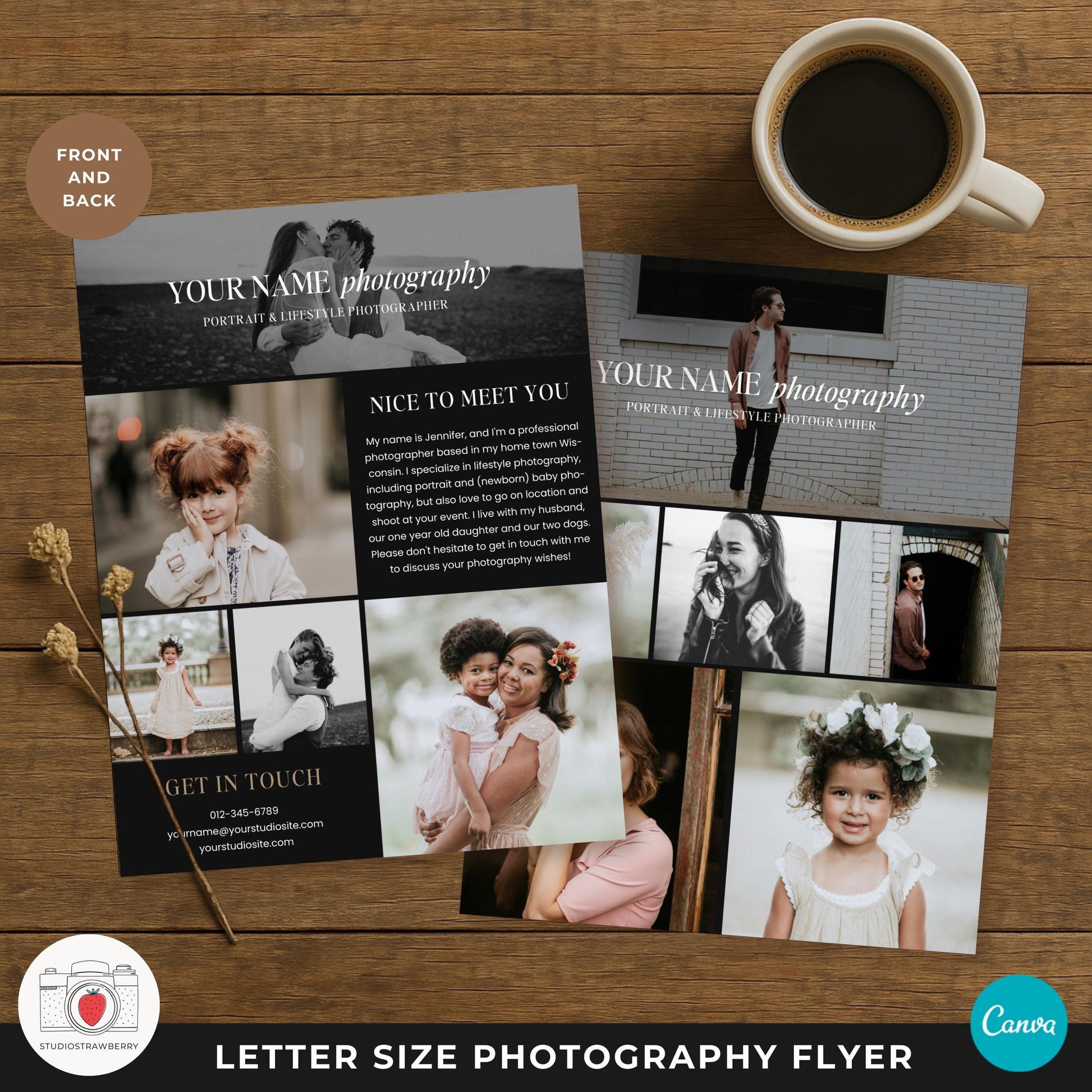 Editable letter size photographer flyer with modern photo collage layout
