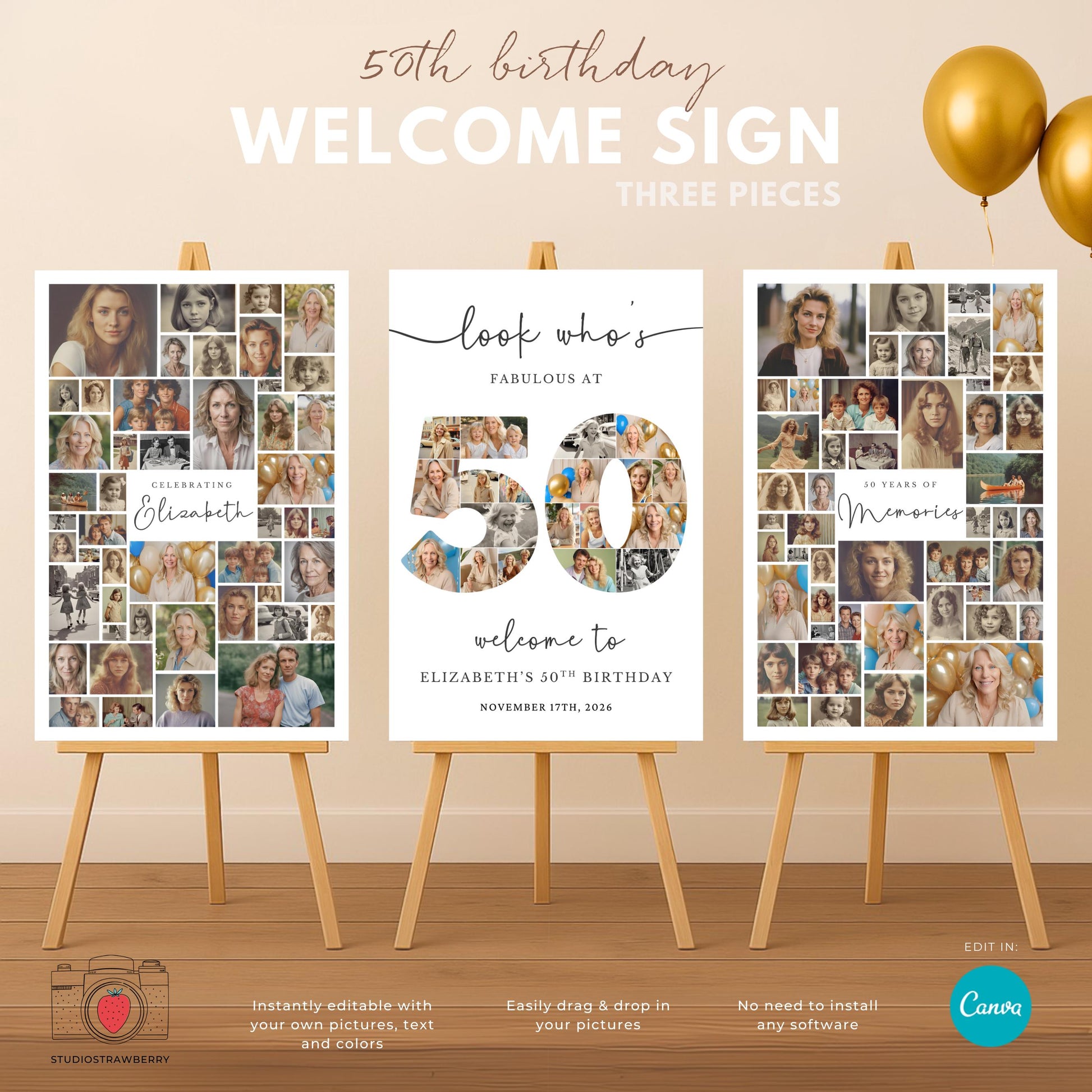 Editable 50th birthday number photo collage template in Canva