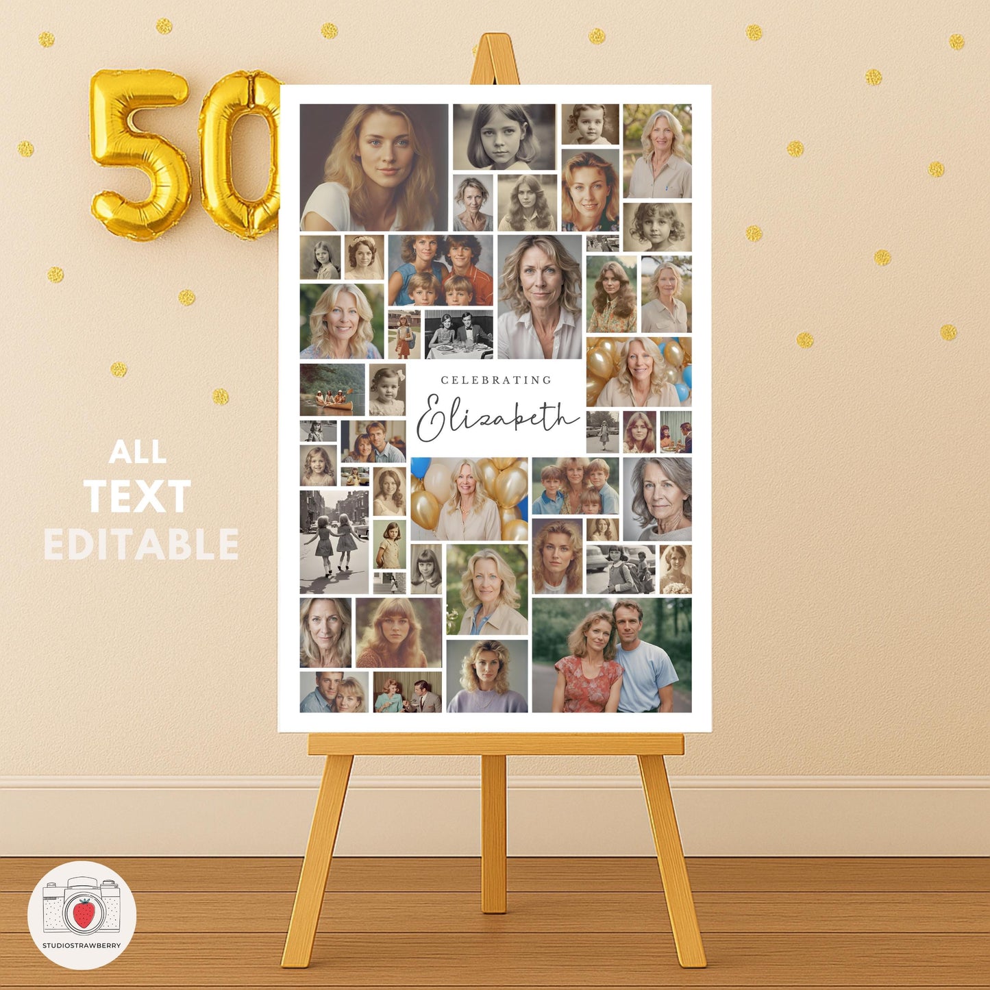 Welcome sign for 50th birthday party with many photos