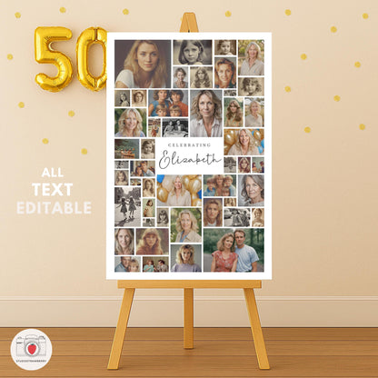 Welcome sign for 50th birthday party with many photos