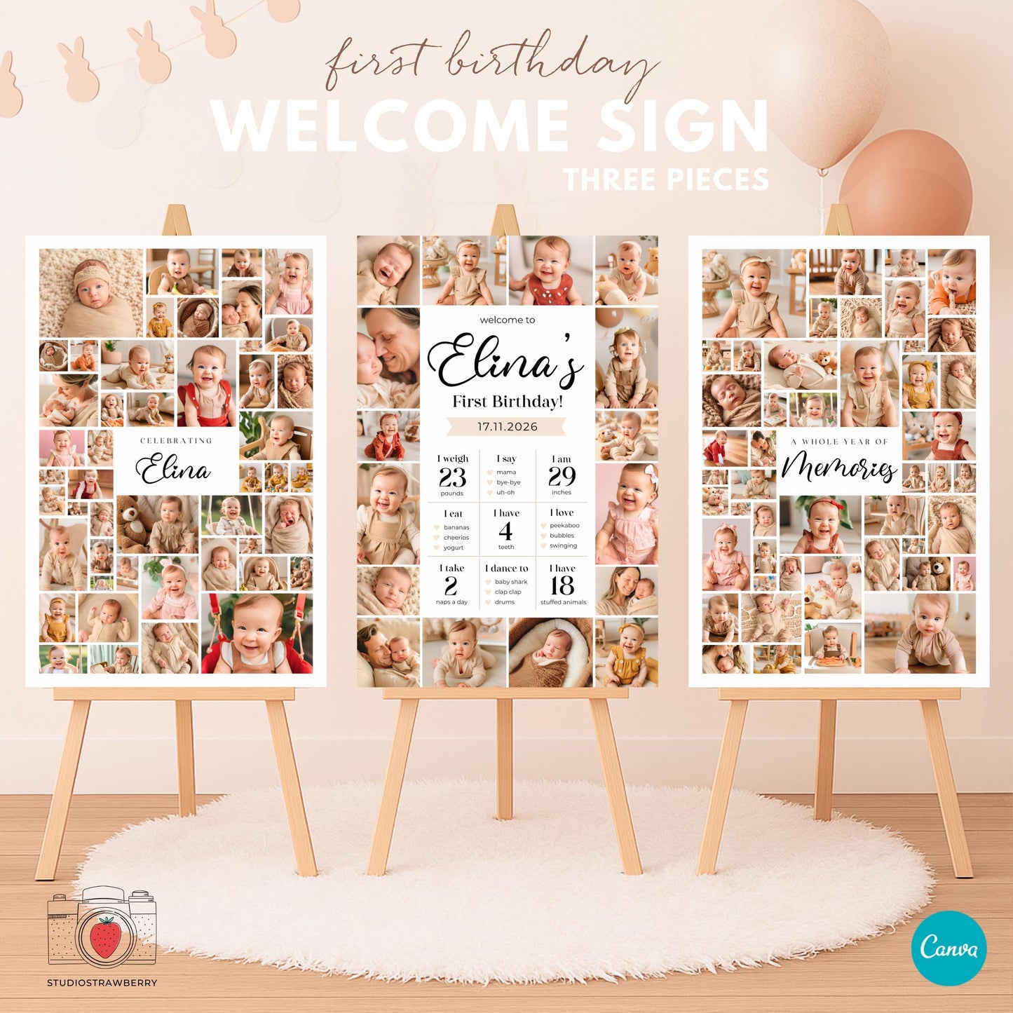 First birthday welcome sign photo collage with editable text