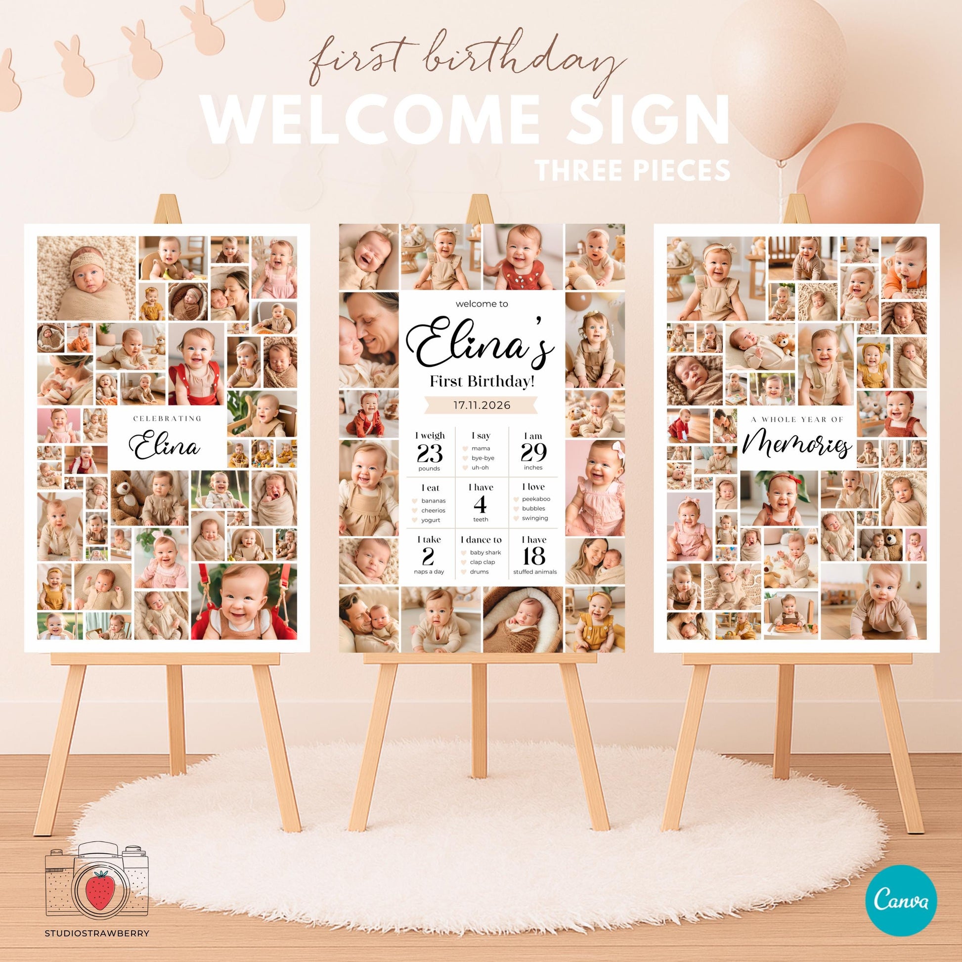 First birthday welcome sign photo collage with editable text
