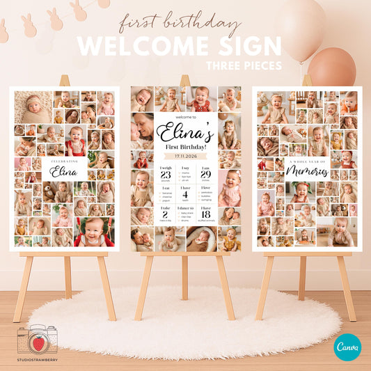 First birthday welcome sign photo collage with editable text
