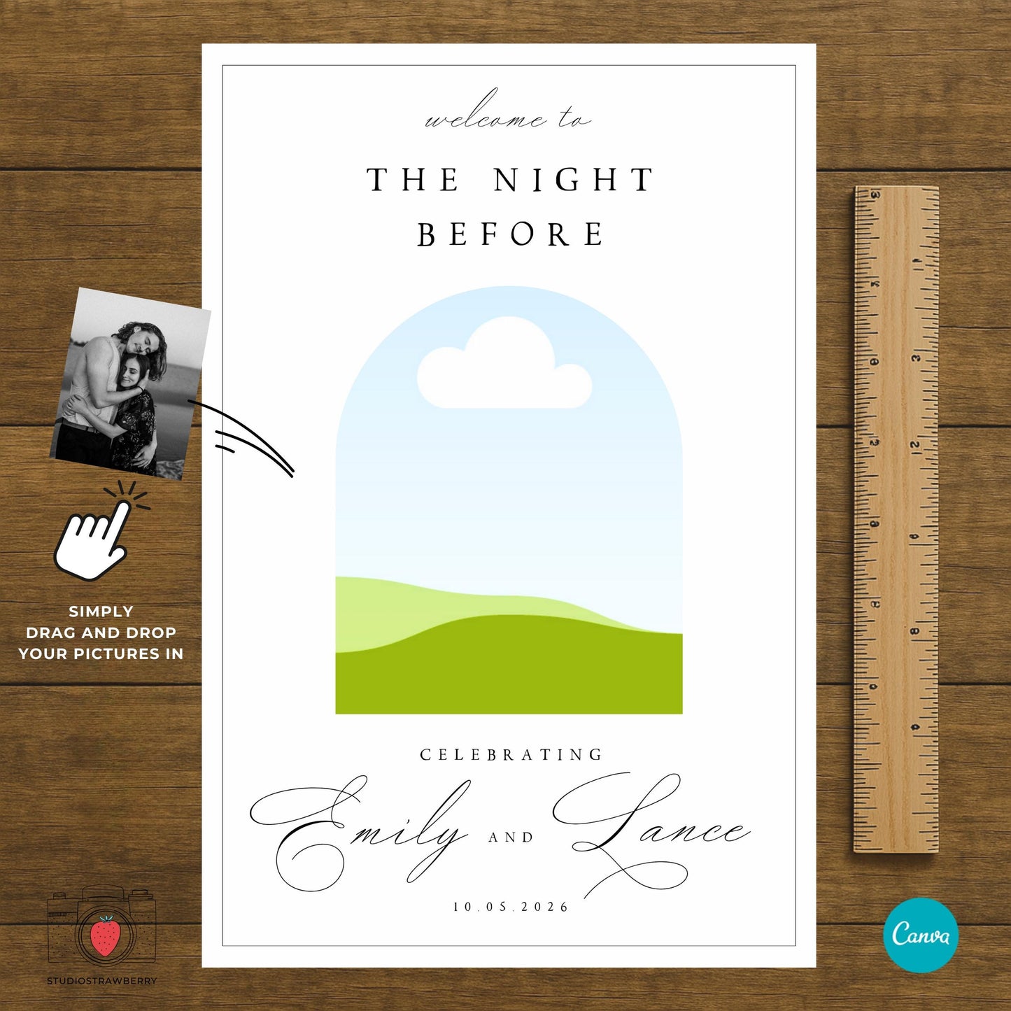 Wedding sign with elegant calligraphy and custom photo