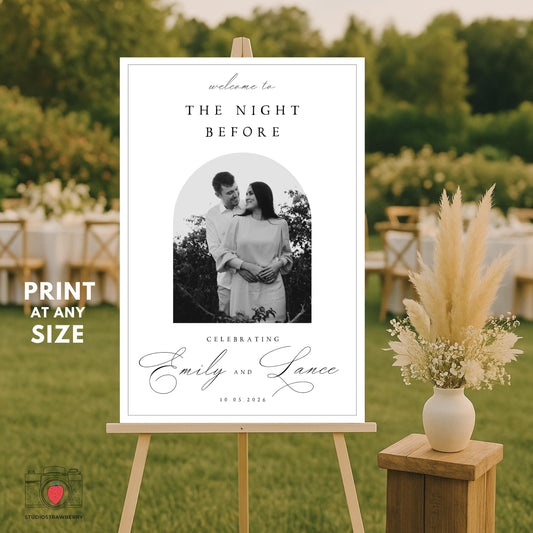 Rehearsal dinner welcome sign with photo editable Canva