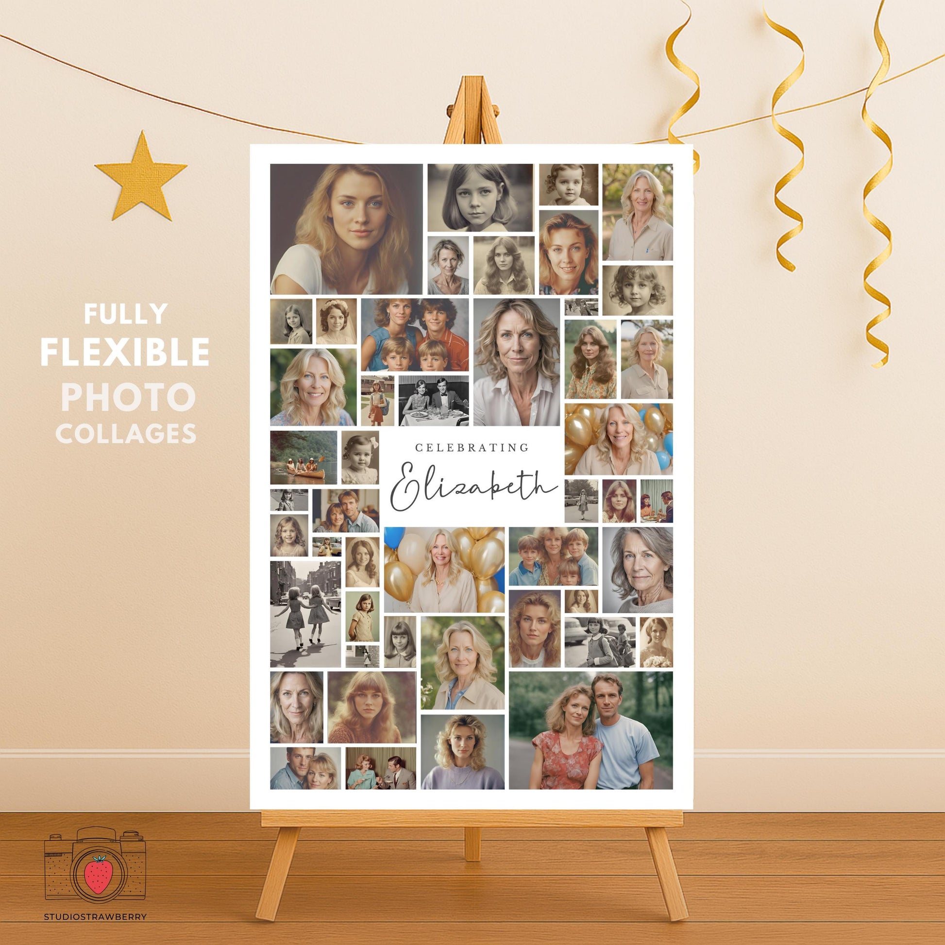 Canva template showing number 50 filled with birthday photos