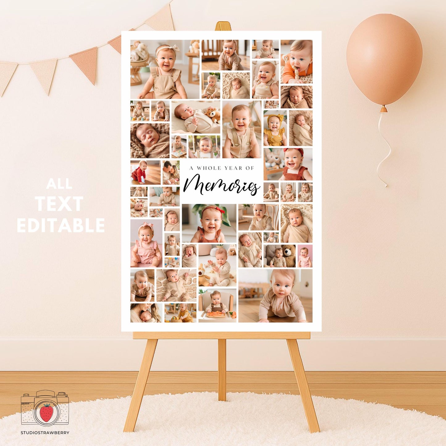 One year old birthday board with photo grid and facts