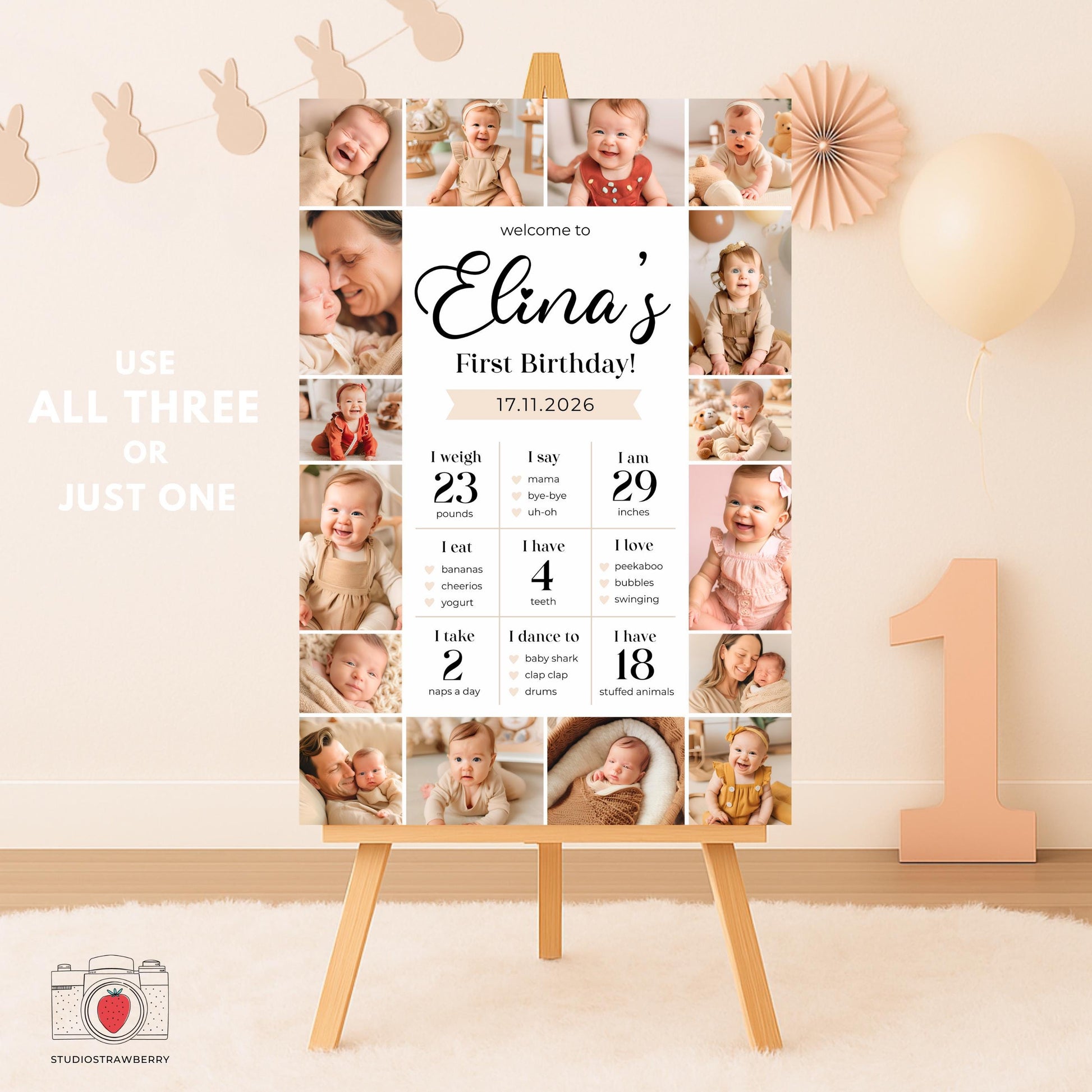 Neutral color baby birthday poster on easel with balloons