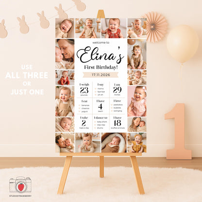 Neutral color baby birthday poster on easel with balloons