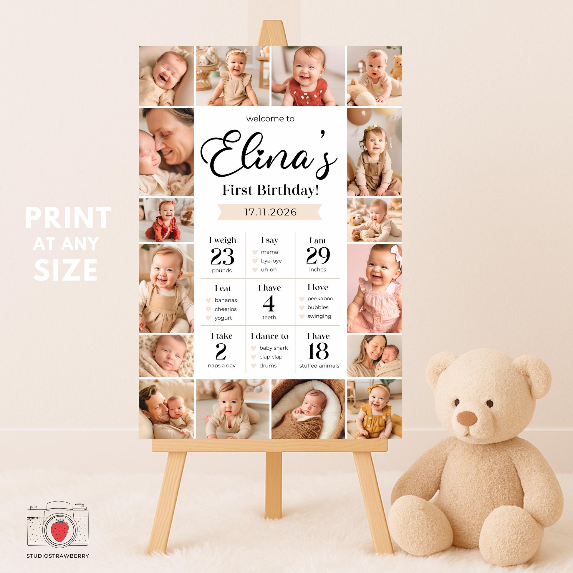 Baby girl first birthday poster with milestone facts and photos