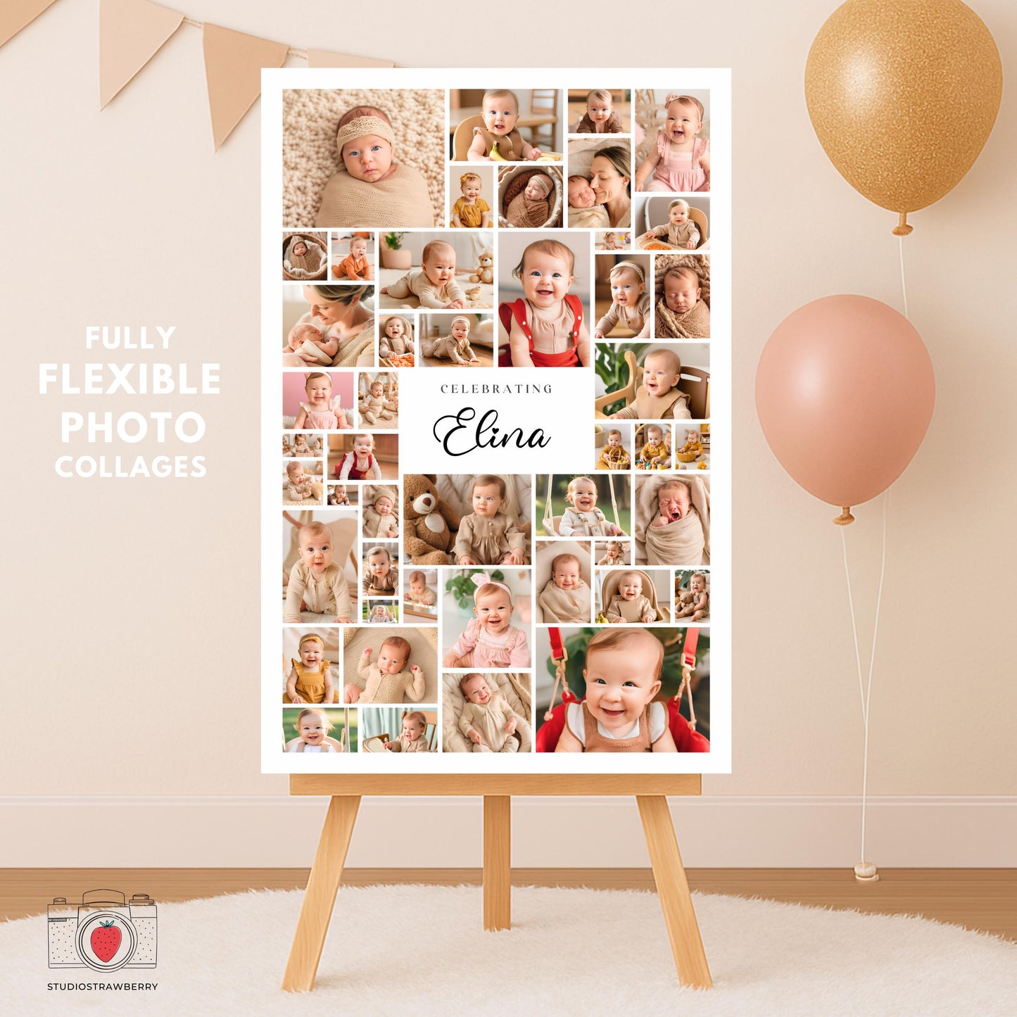 Canva template for one year old photo collage sign