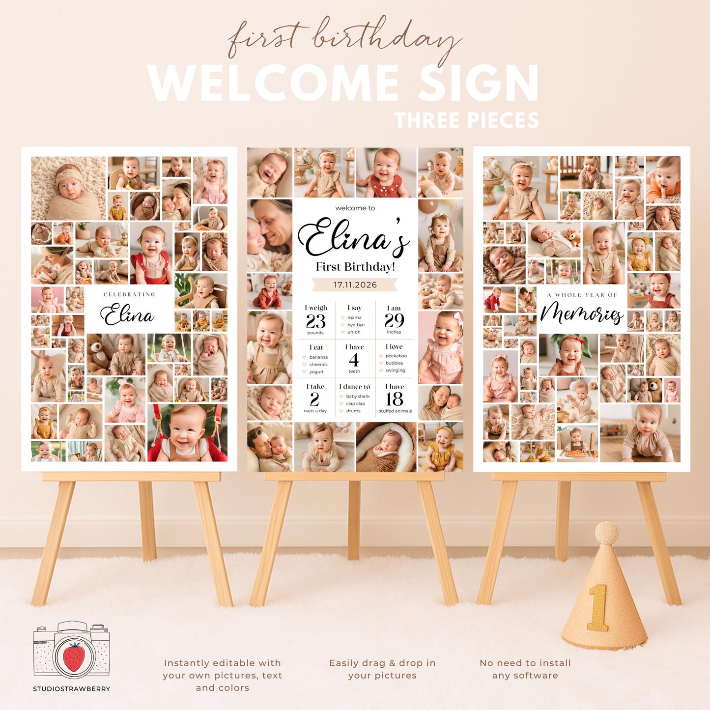 Three-piece first birthday milestone sign set for printing