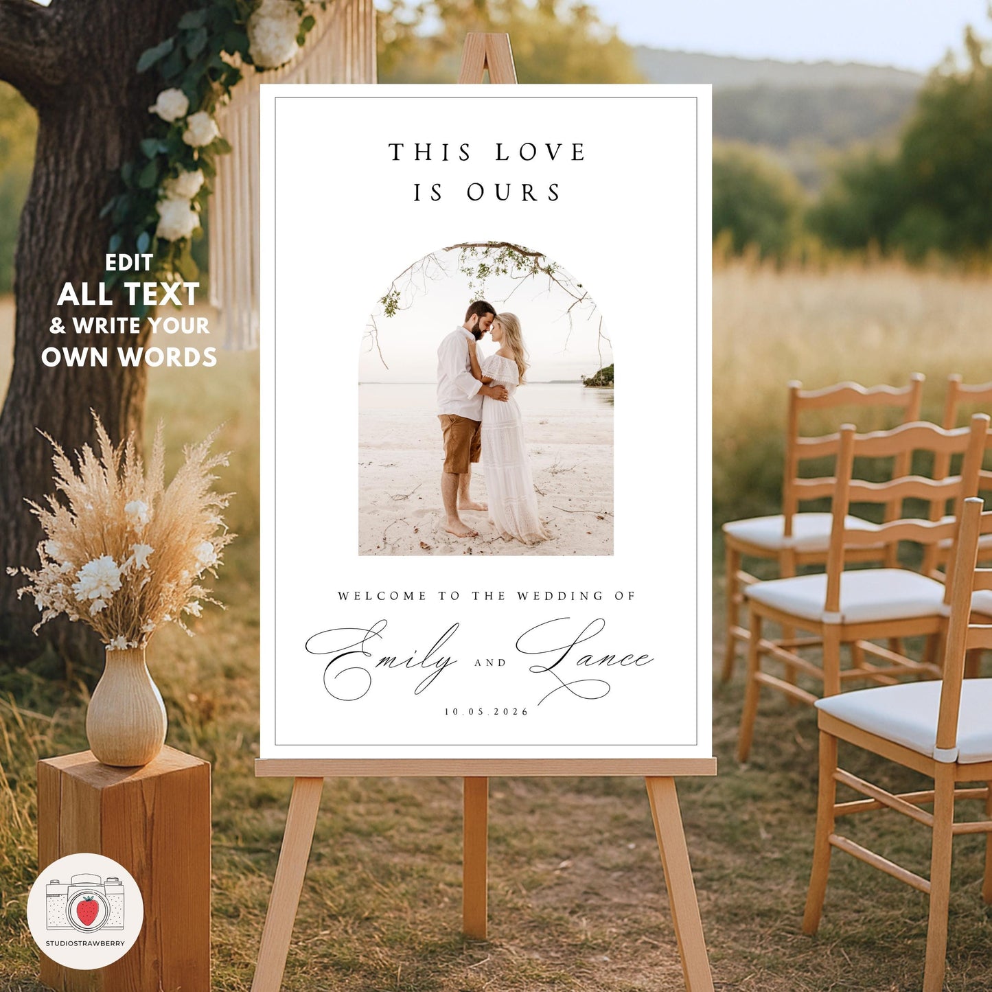 Wedding ceremony welcome board with elegant calligraphy