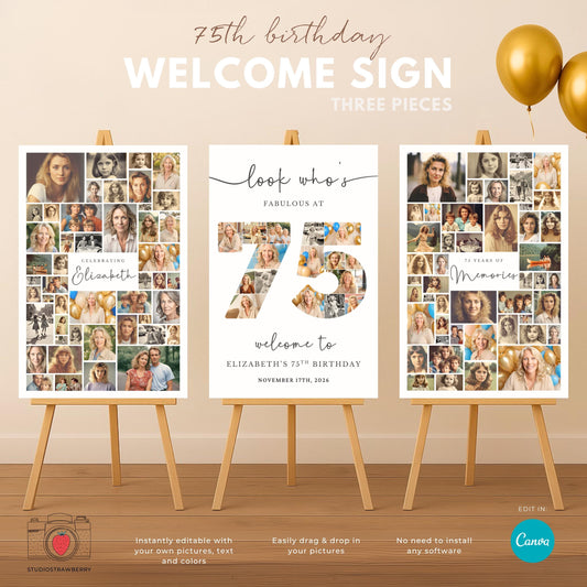 75th birthday welcome sign with vintage and modern photo collage