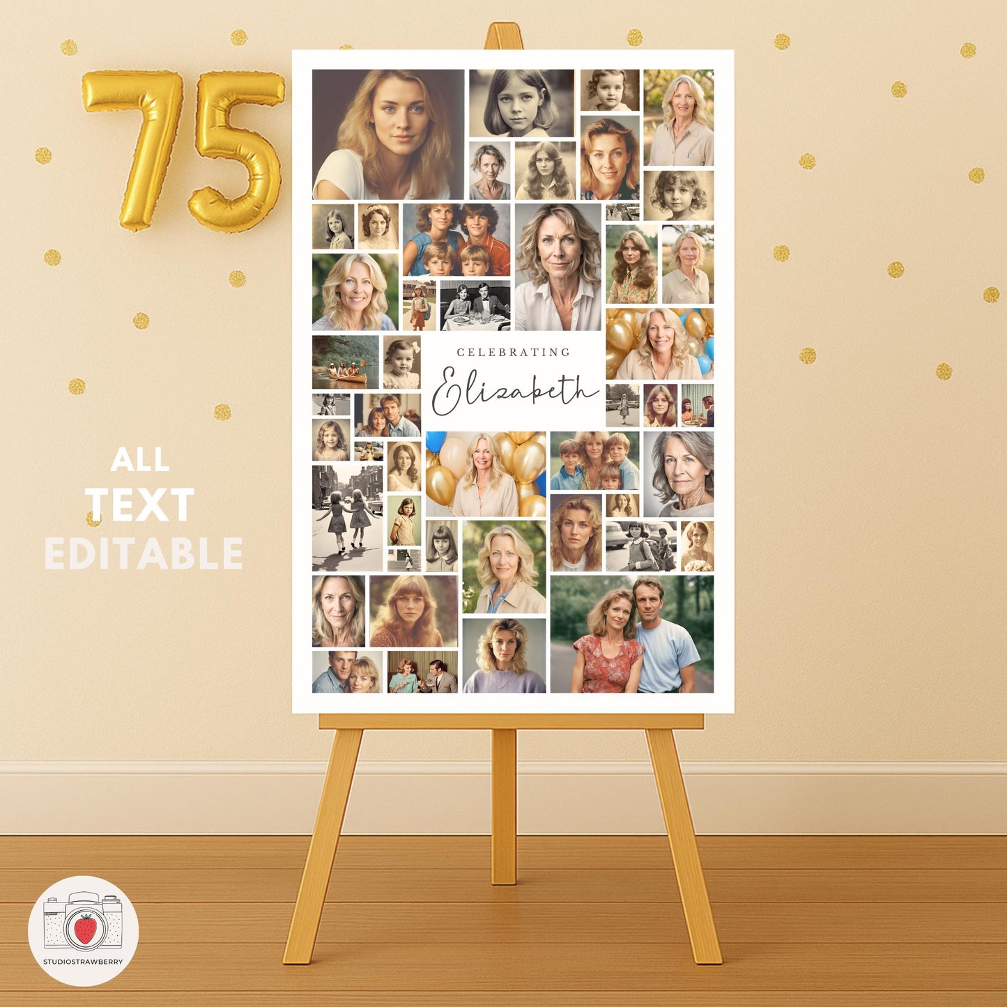 Set of 3 printable 75th birthday signs displayed on easels