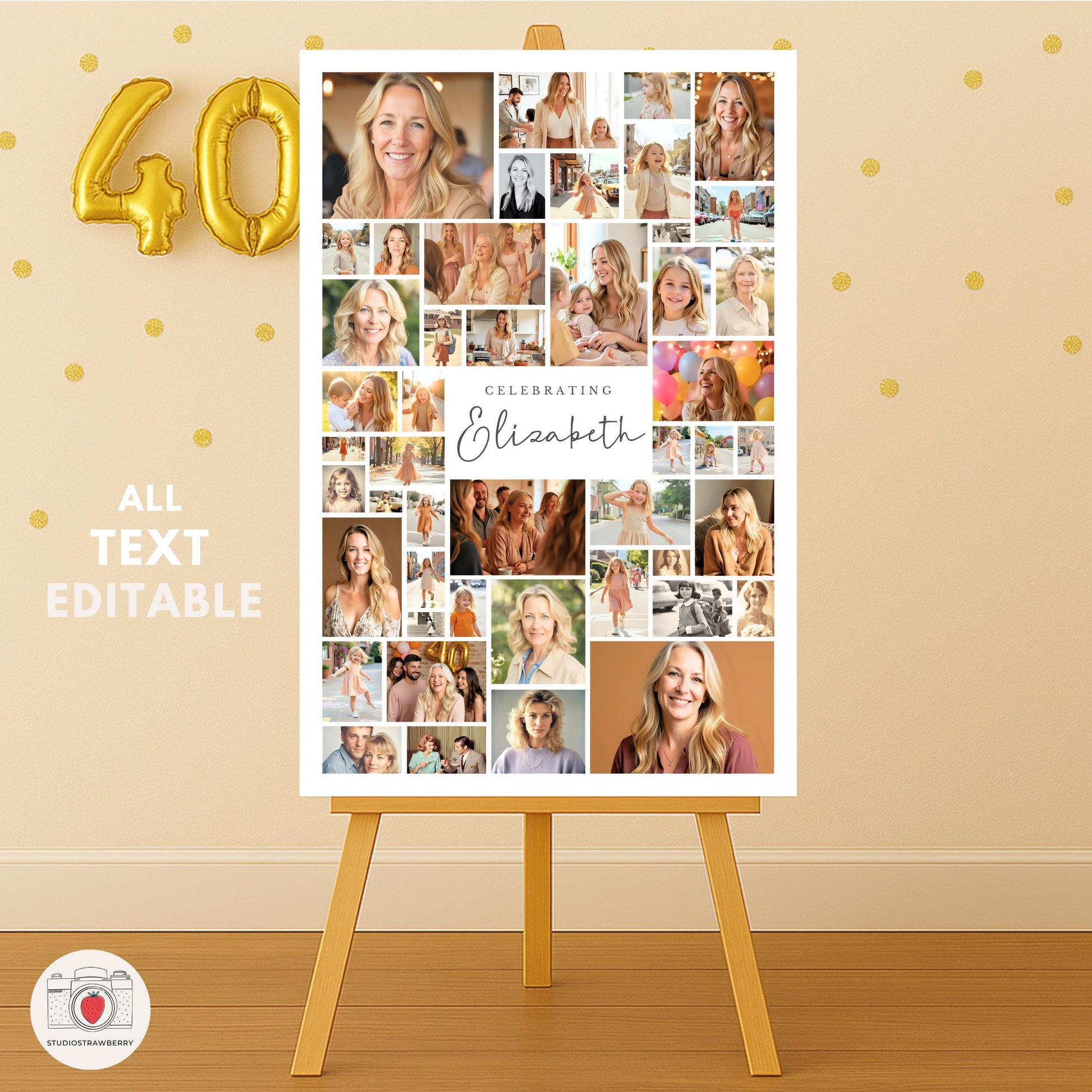 Set of 3 printable 40th birthday signs displayed on easels