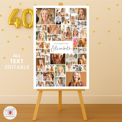 Set of 3 printable 40th birthday signs displayed on easels