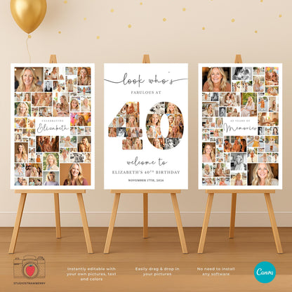 Birthday welcome board with photo collage for 40th celebration