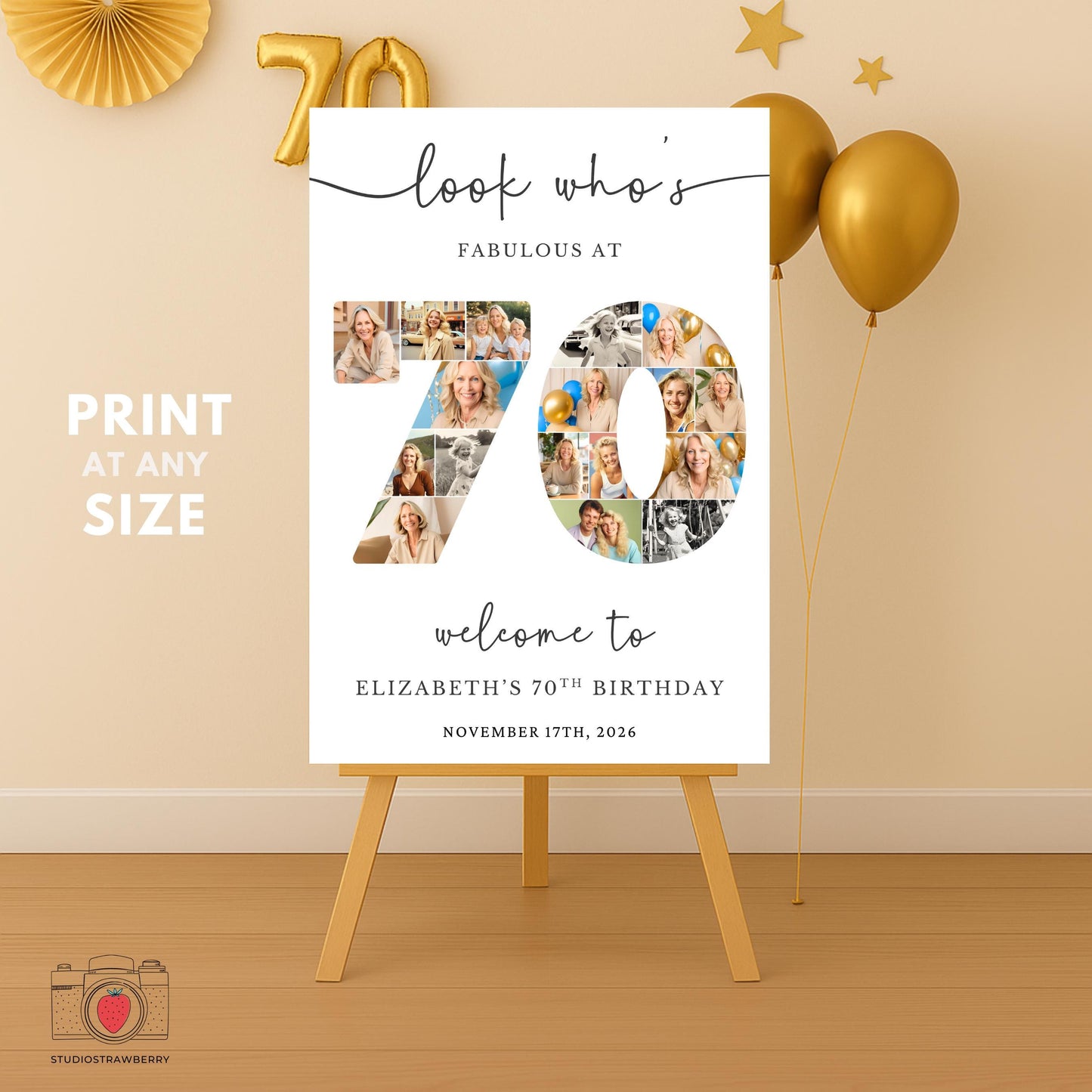 Printable 70th birthday photo collage welcome sign featuring personalized text and multiple photo slots