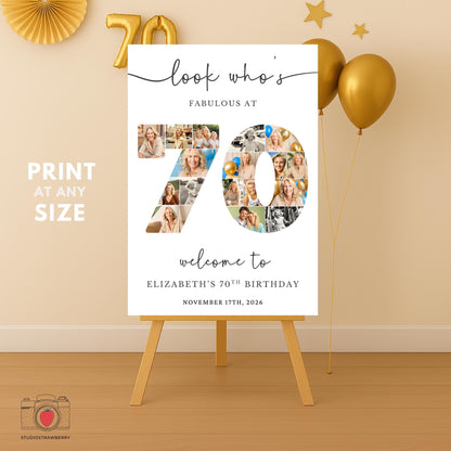 Printable 70th birthday photo collage welcome sign featuring personalized text and multiple photo slots