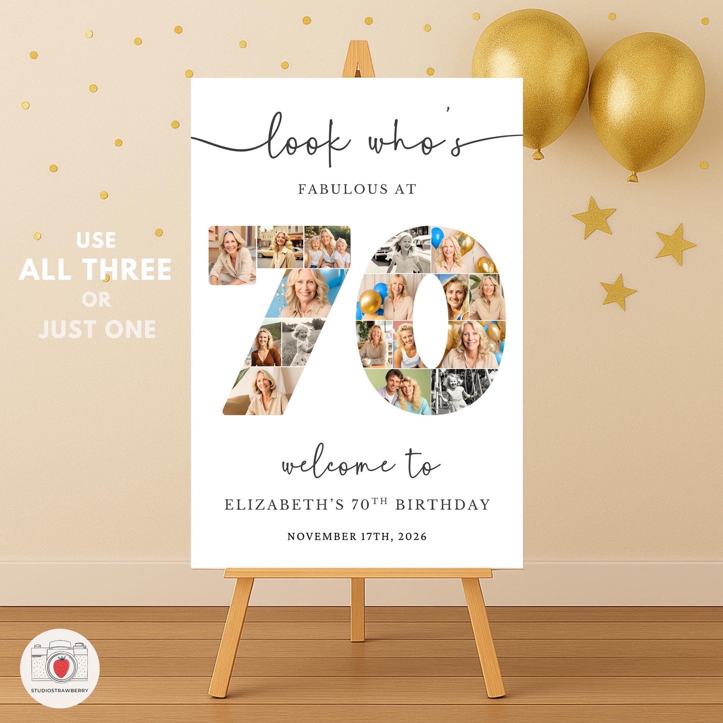 Elegant 70th birthday photo collage welcome sign with balloons and warm outdoor party setup