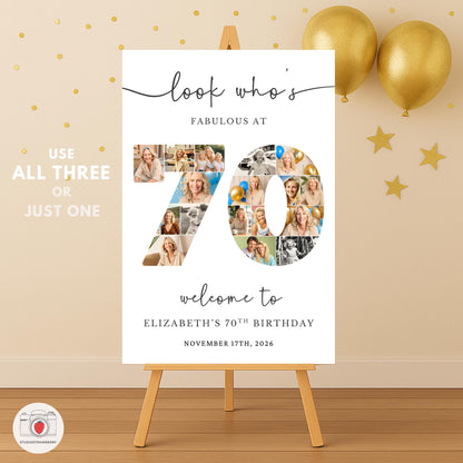 Elegant 70th birthday photo collage welcome sign with balloons and warm outdoor party setup