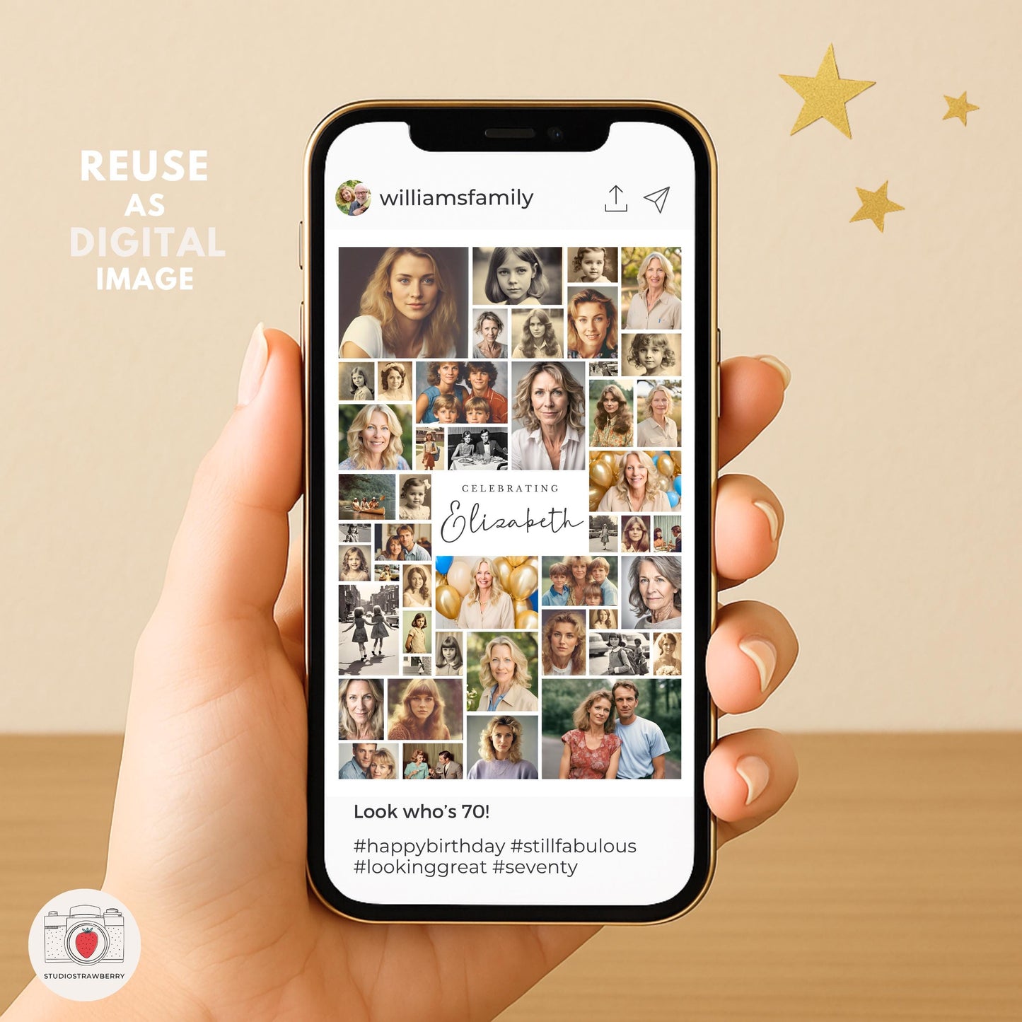 Instagram mockup displaying a 70th birthday number collage invitation design held in hand