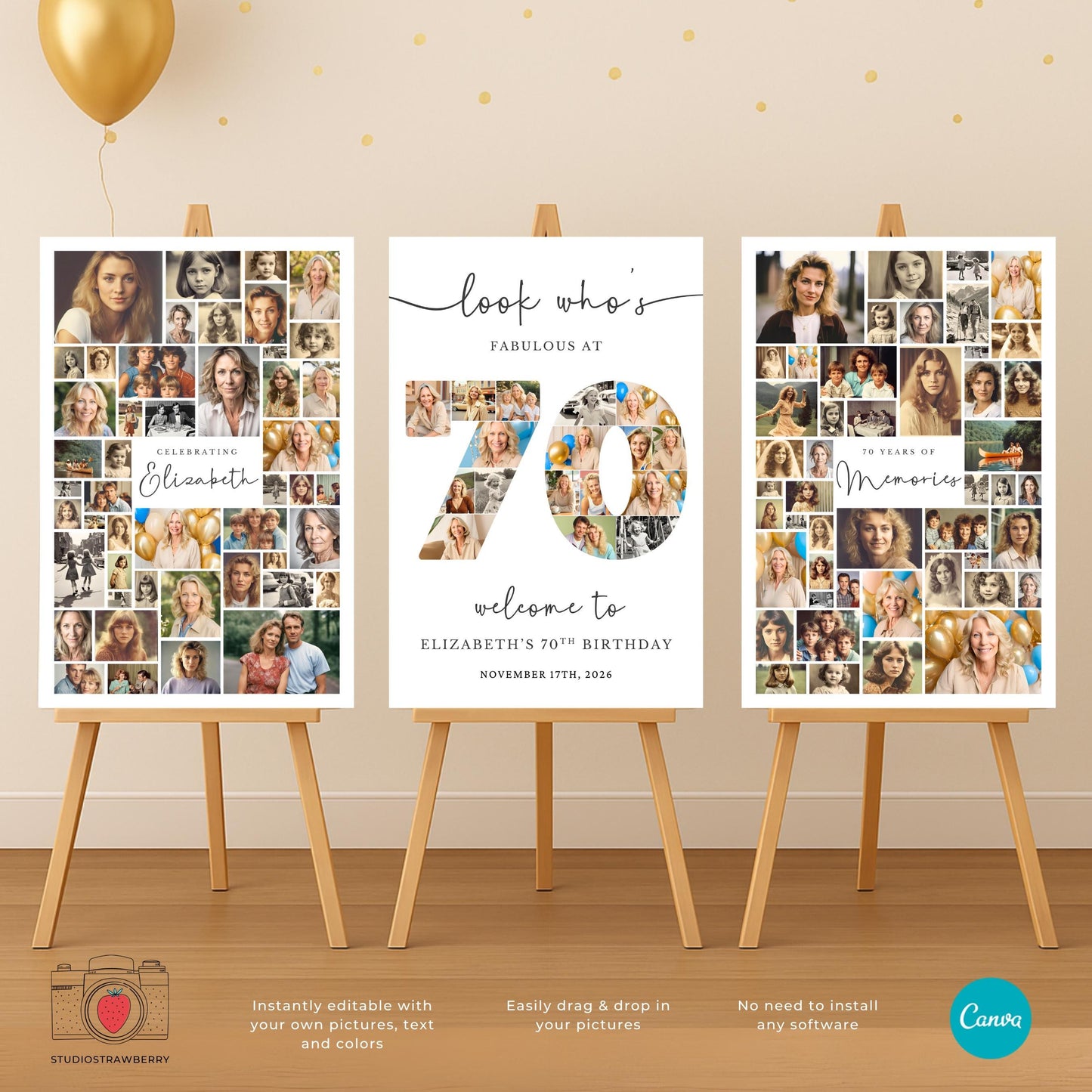 Three piece 70th birthday welcome sign set featuring photo collage, number design and editable text