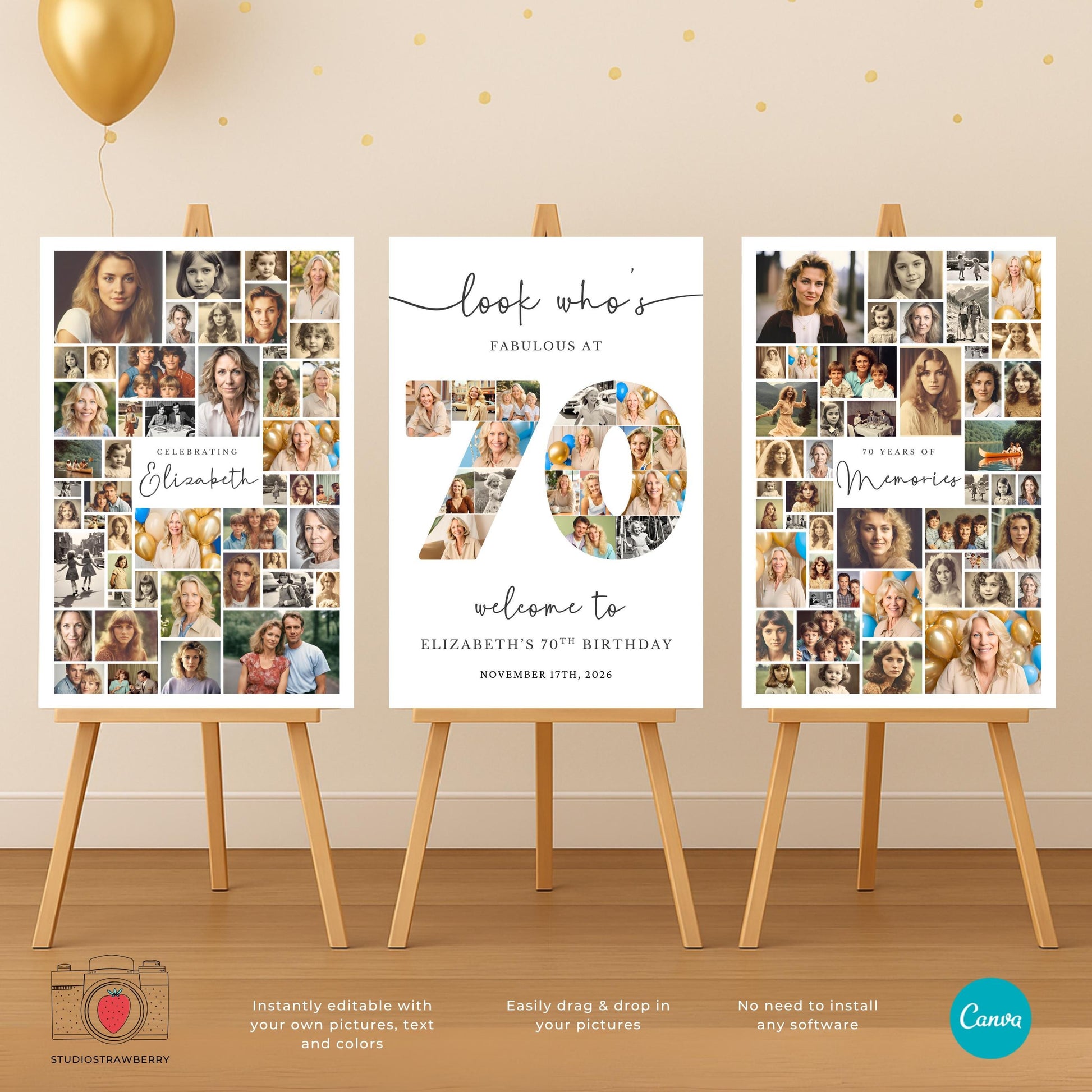 Three piece 70th birthday welcome sign set featuring photo collage, number design and editable text