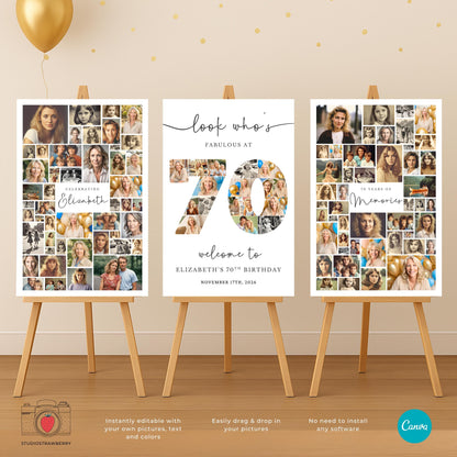 Three piece 70th birthday welcome sign set featuring photo collage, number design and editable text