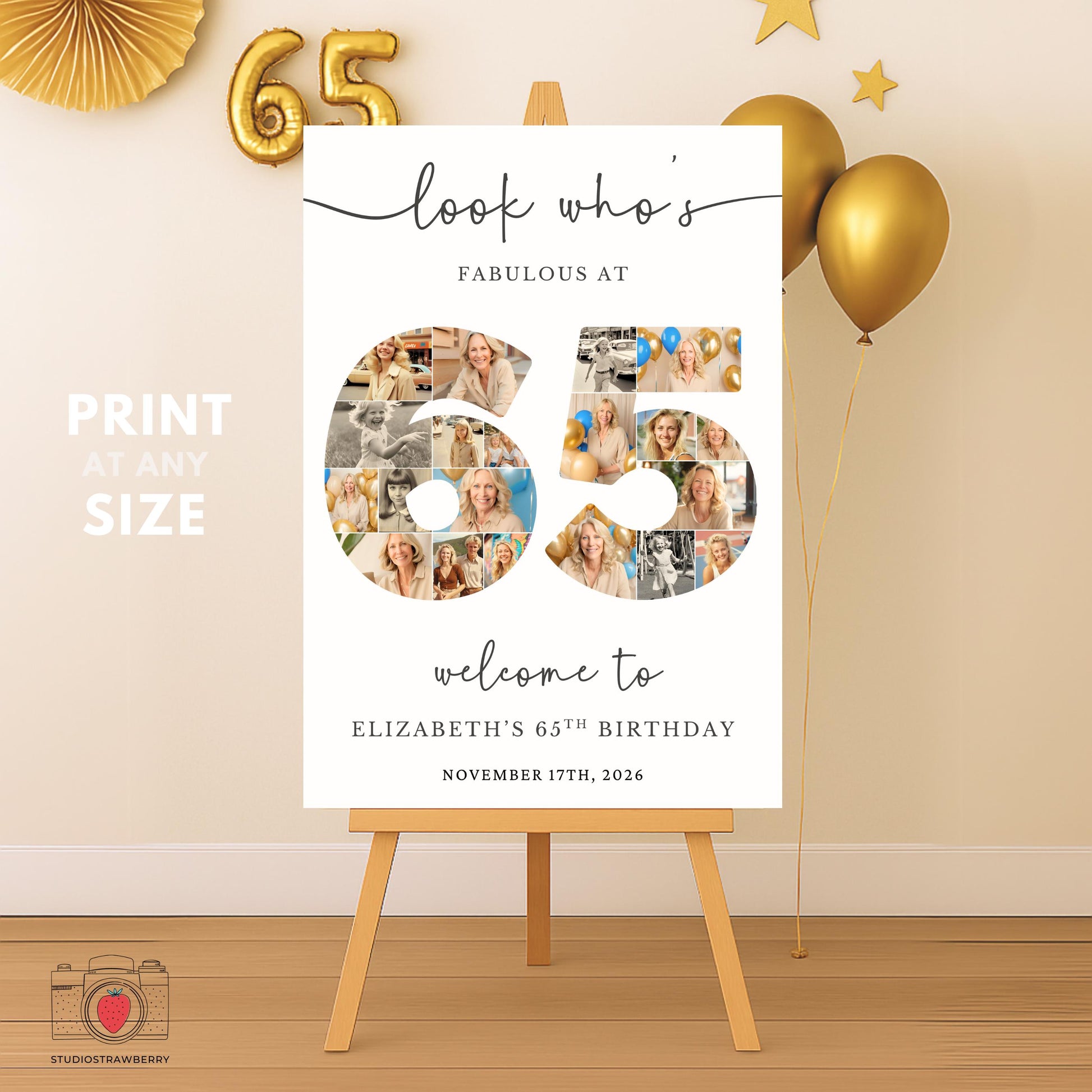 Printable 65th birthday number photo collage with the number 65