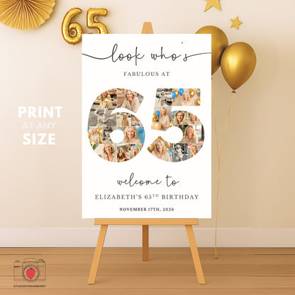 Printable 65th birthday number photo collage with the number 65
