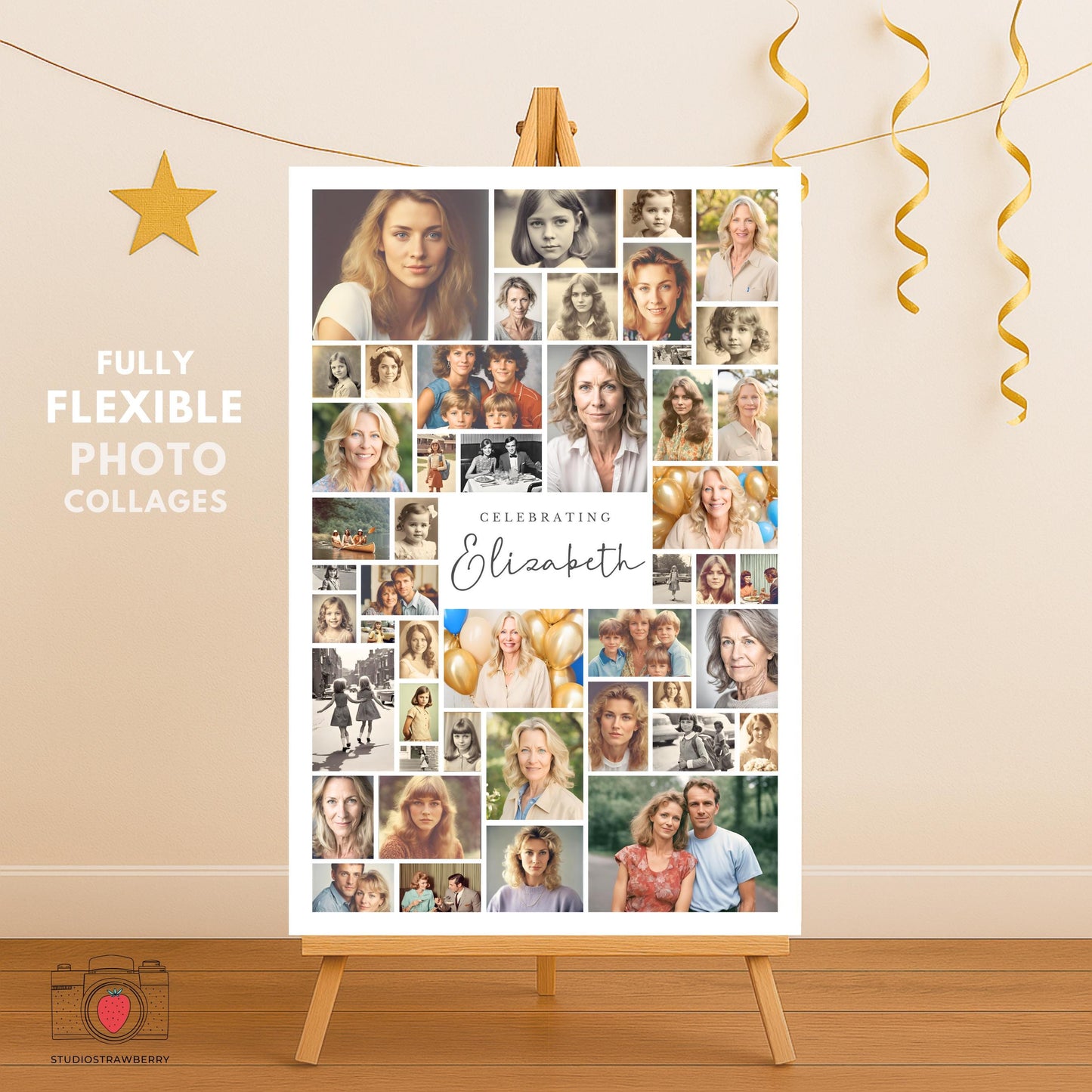 65 years of memories birthday sign with vintage-style photo layout