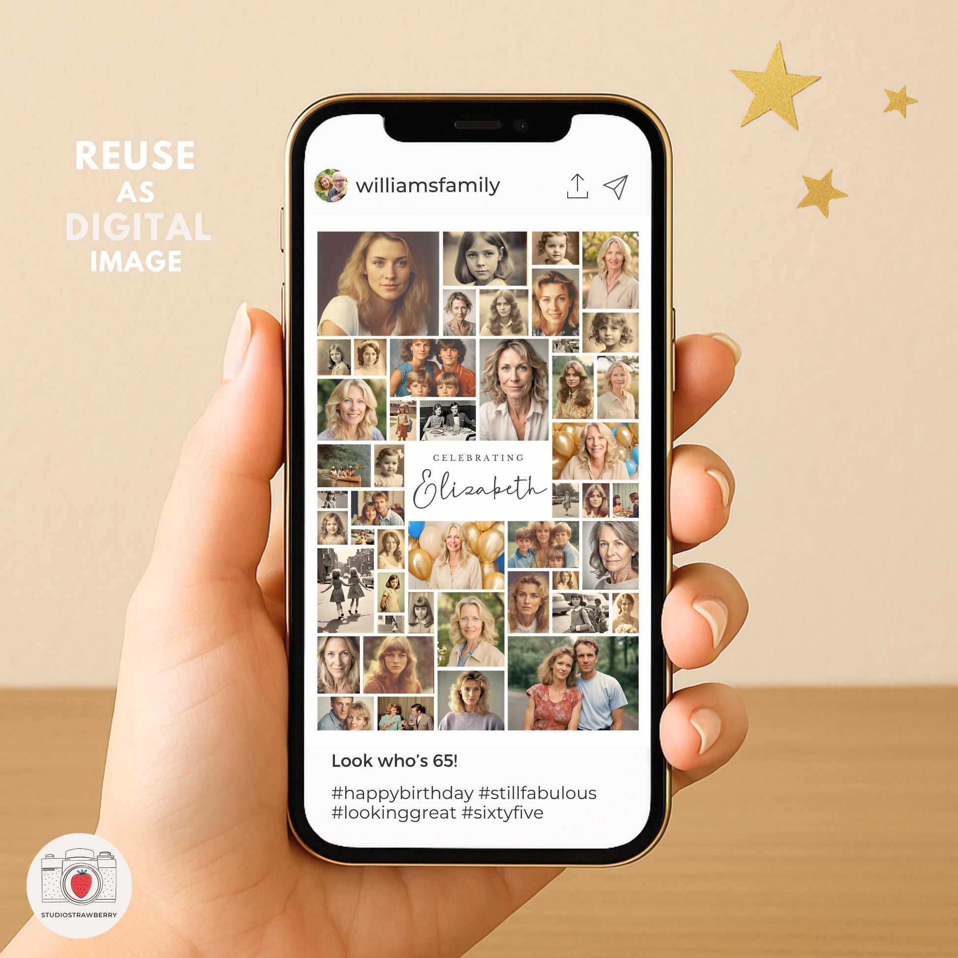 Canva 65th birthday sign being shown on a phone screen for digital use