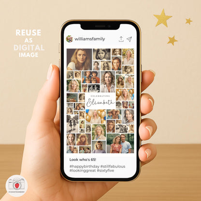 Canva 65th birthday sign being shown on a phone screen for digital use