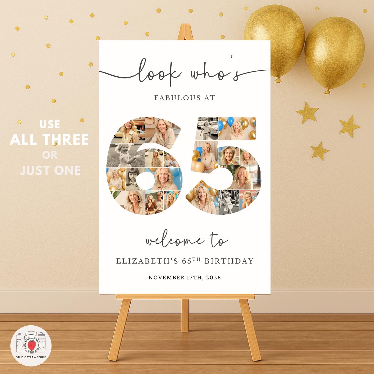 Welcome sign for 65th birthday party with gold balloons and decorations