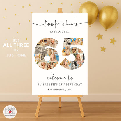 Welcome sign for 65th birthday party with gold balloons and decorations